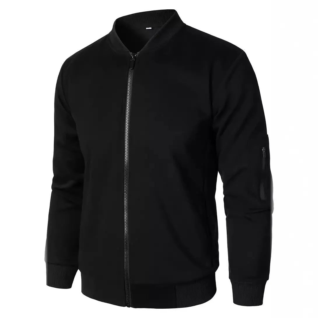 Men's loose fit long sleeve knitted jacket in cotton, shown in black, blue, or grey.