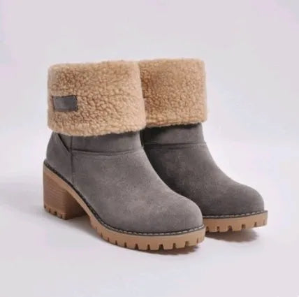 Mid-tube thick heel suede snow boots with round head and flat heel in black gray green khaki orange