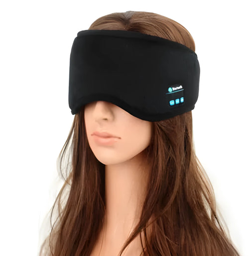 Black Bluetooth sleep mask with integrated wireless headphones for music playback and sleep aid