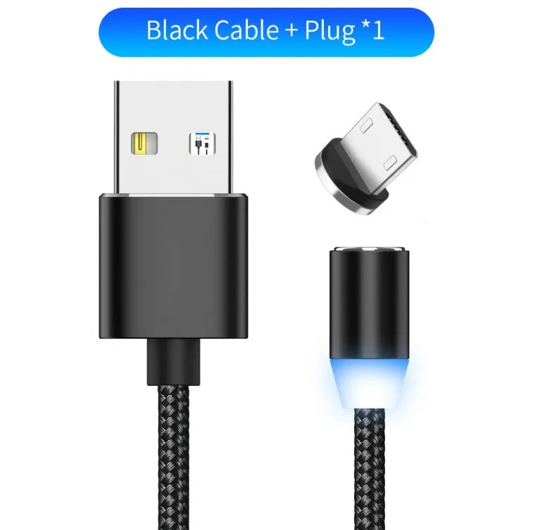 Black magnetic charging cable with LED light and aluminium connectors showing magnetic tip attachment