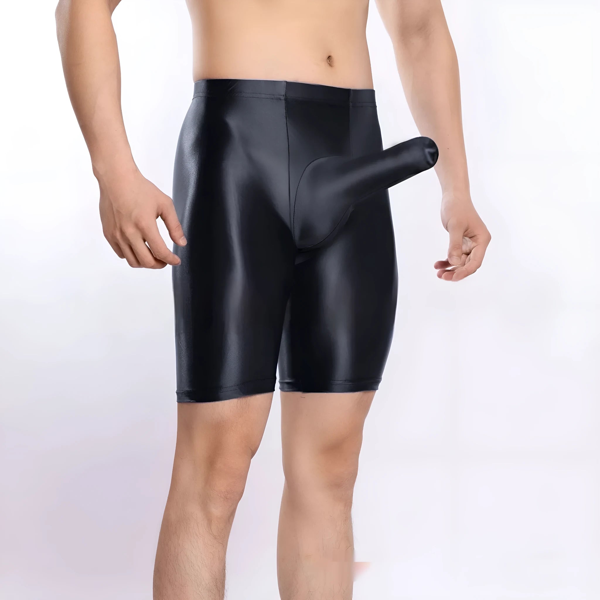 Men's plus size shiny silky sports shorts in multiple colours on size chart