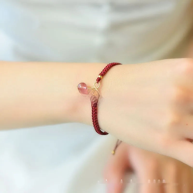 Natural strawberry quartz bracelet for women with cherry fruit charm and crystal beads