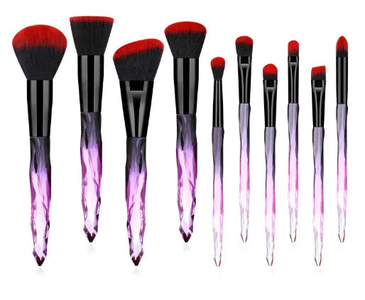 10 foundation brushes with crystal diamond handles in four colours: black, blue, red, and yellow