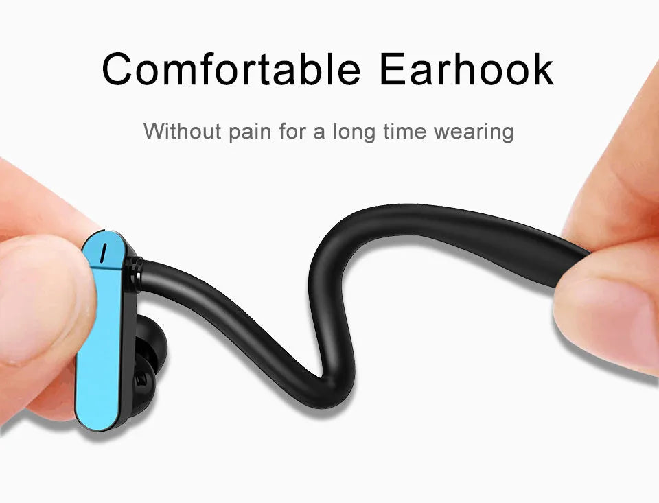 Black and blue sport ear hooks attached to PTM TS27 earphones with microphone.