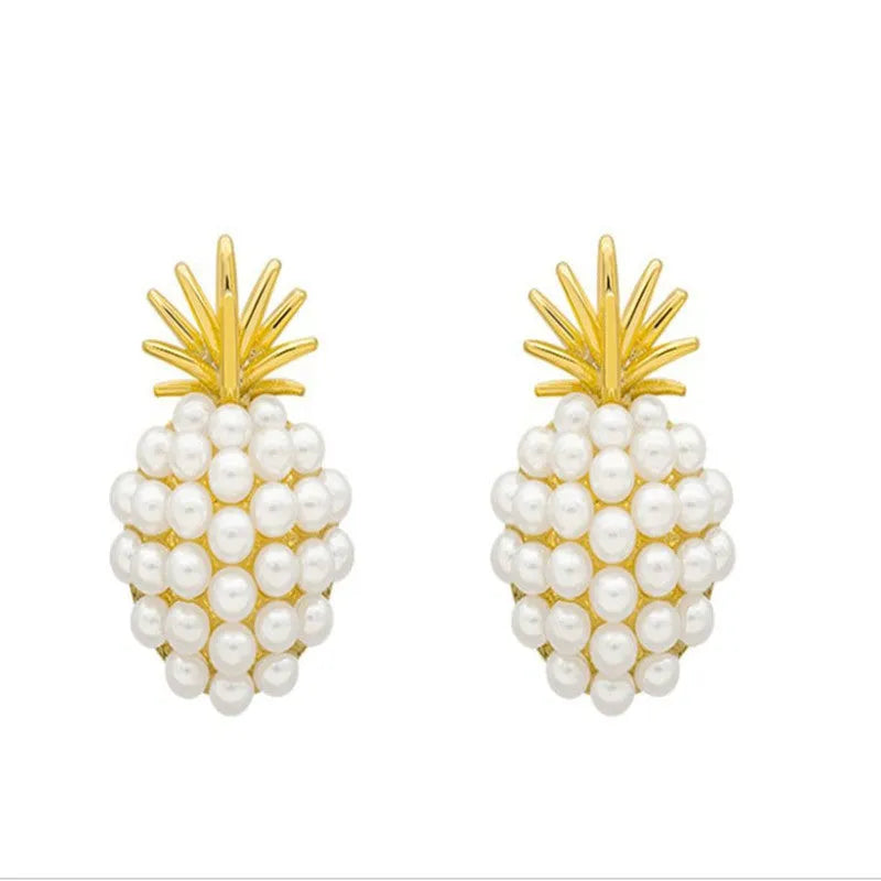 Korean-style gold pineapple starfish pearl alloy earrings with electroplated finish and gem inlay.