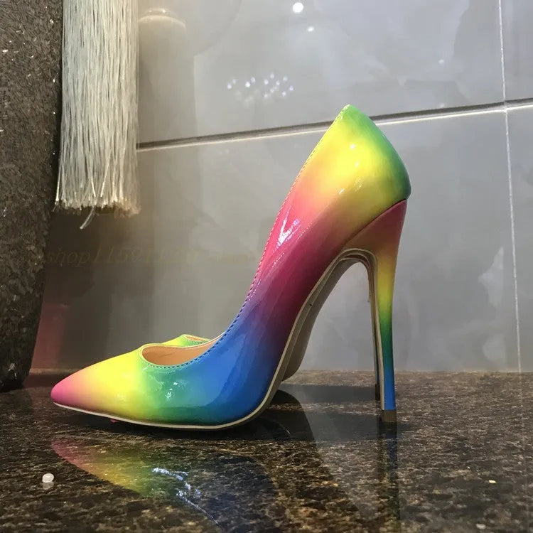 Rainbow patent leather super high heels with pointed toe and ultra-high thin heel in 10cm or 12cm height options