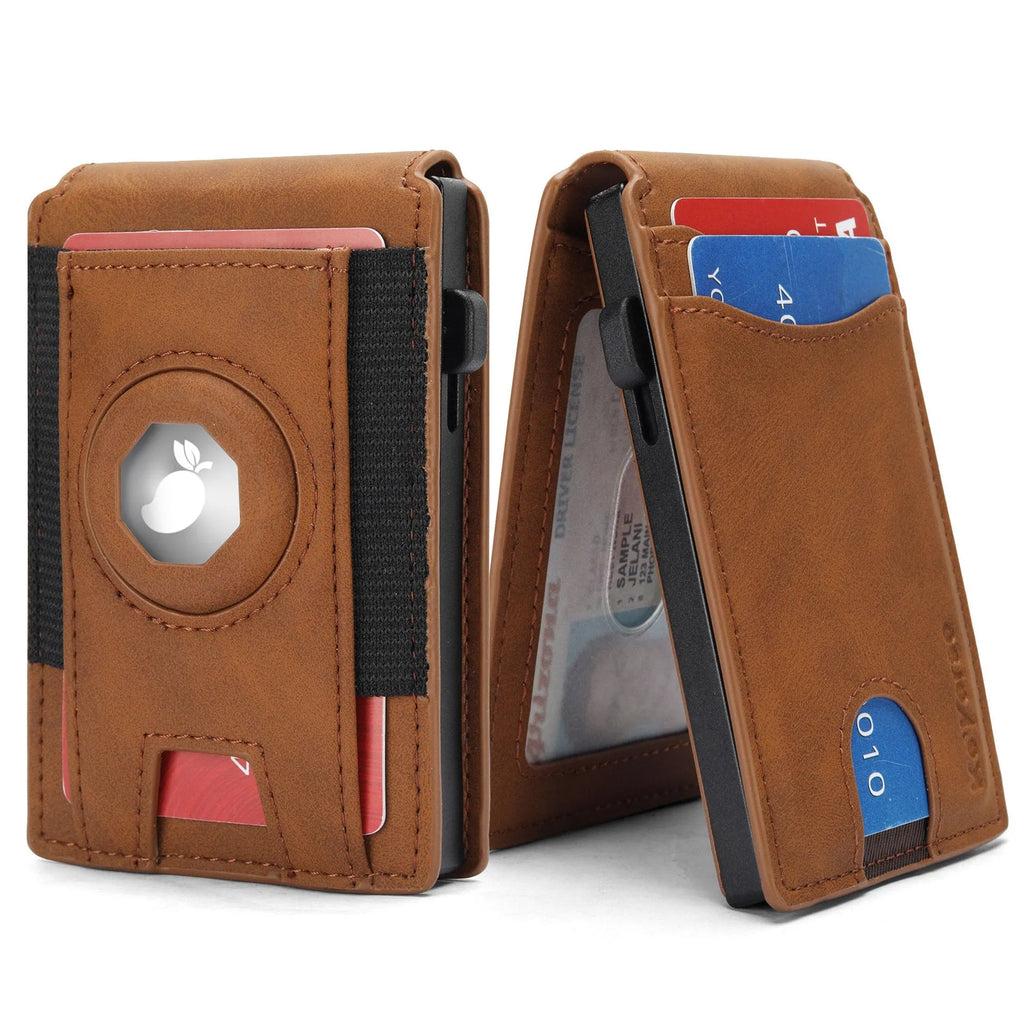 Men's slim RFID blocking card holder in synthetic leather showing black, dark brown, and light brown colour options