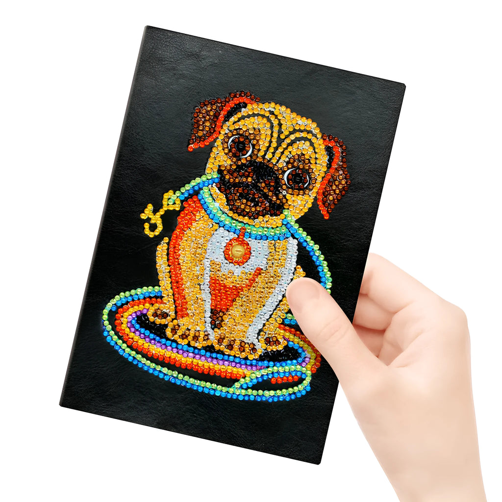 Black A5 diamond painting notebook with 50 pages, dimensions 142mm by 207mm.