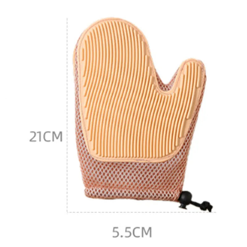 Dark blue pet hair removal glove made of mesh and TPR rubber for grooming dogs and cats.