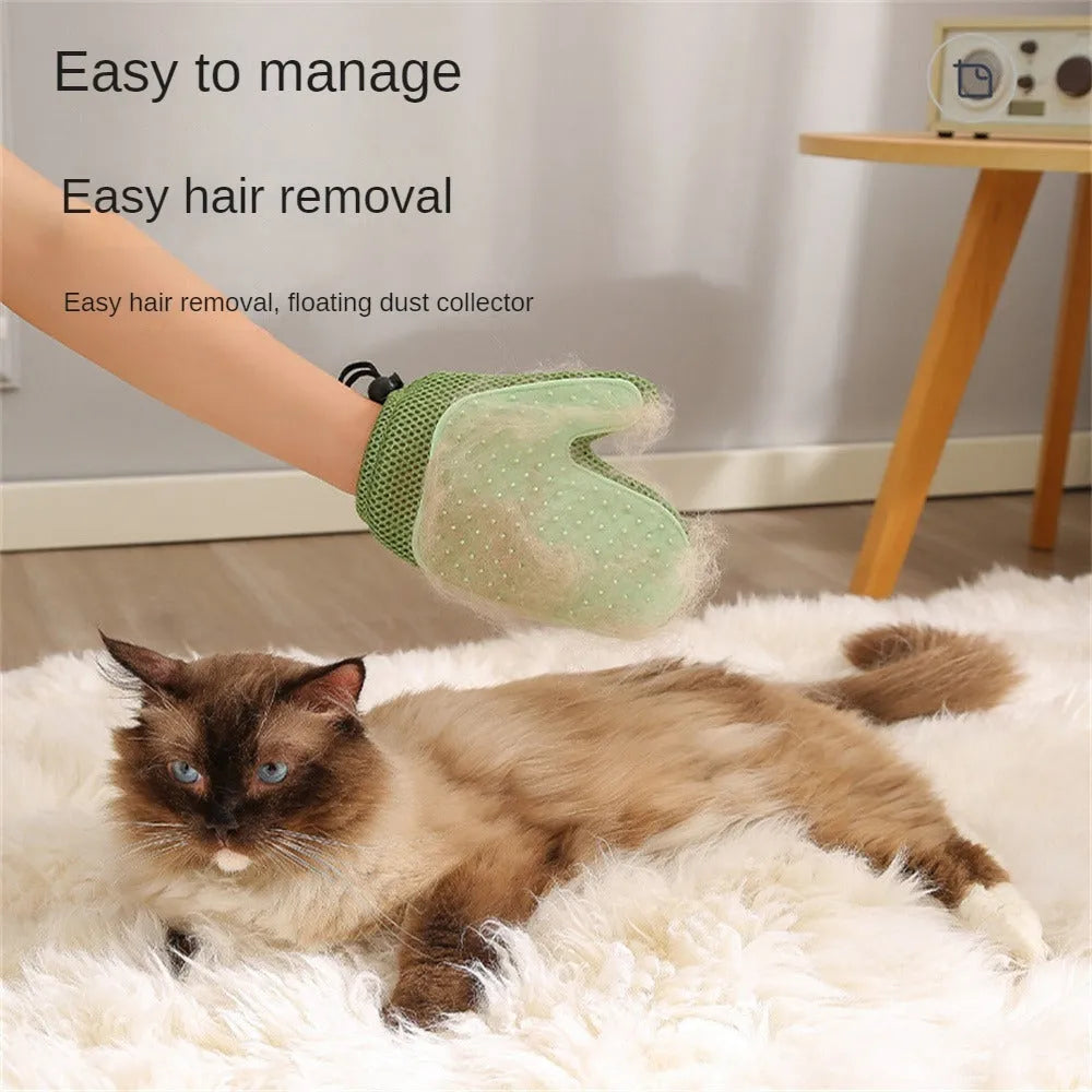 Dark blue pet hair removal glove made of mesh and TPR rubber for grooming dogs and cats.