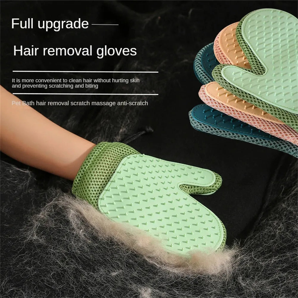 Dark blue pet hair removal glove made of mesh and TPR rubber for grooming dogs and cats.