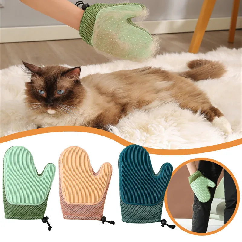 Dark blue pet hair removal glove made of mesh and TPR rubber for grooming dogs and cats.