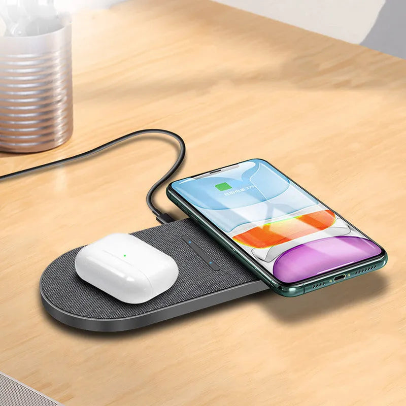 Black dual wireless charging pads with Type-C and USB cables for phone and earbud charging