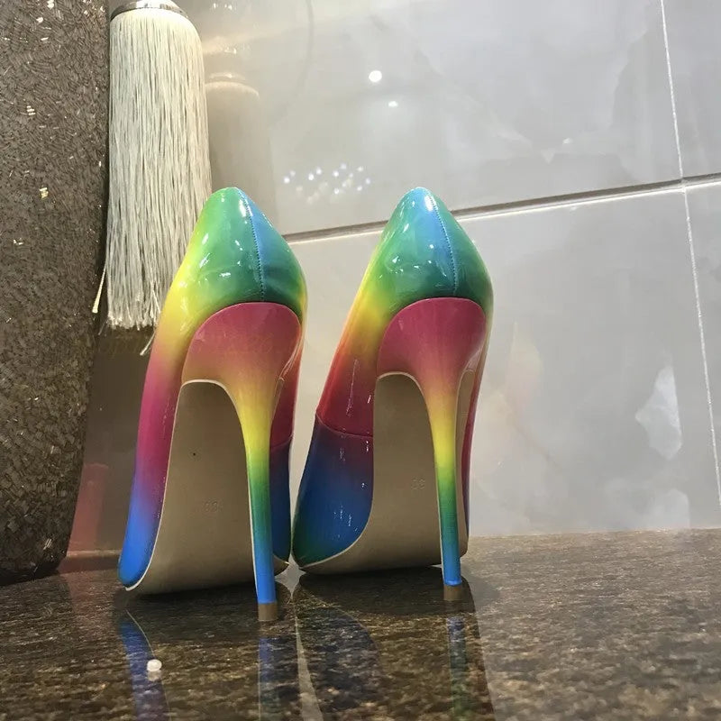 Rainbow patent leather super high heels with pointed toe and ultra-high thin heel in 10cm or 12cm height options