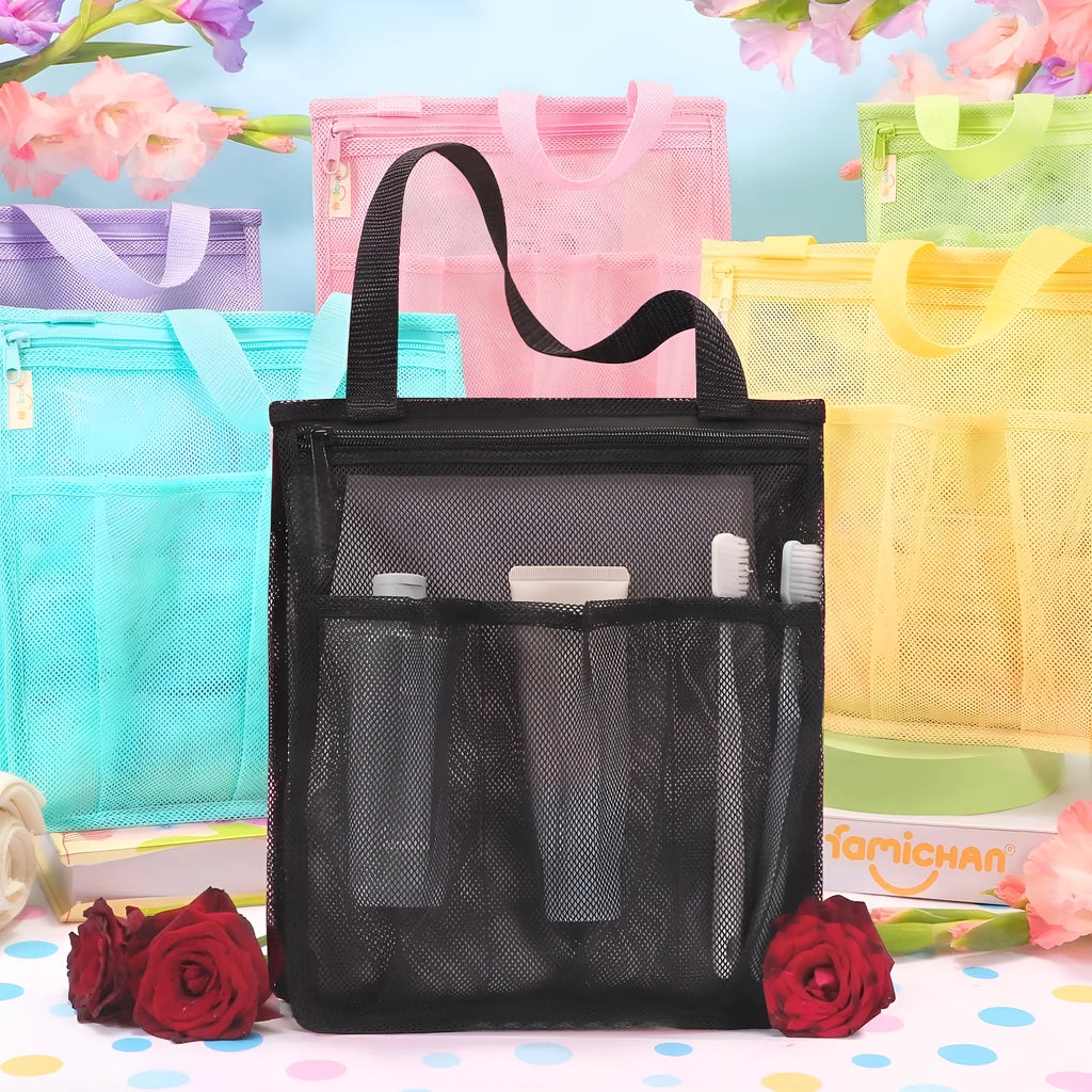 Black or pink polyester swimming gym bag showing dry wet separation compartments and mesh pocket construction