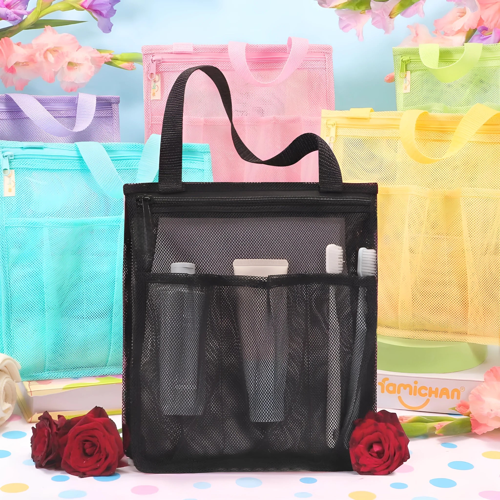 Black or pink polyester swimming gym bag showing dry wet separation compartments and mesh pocket construction