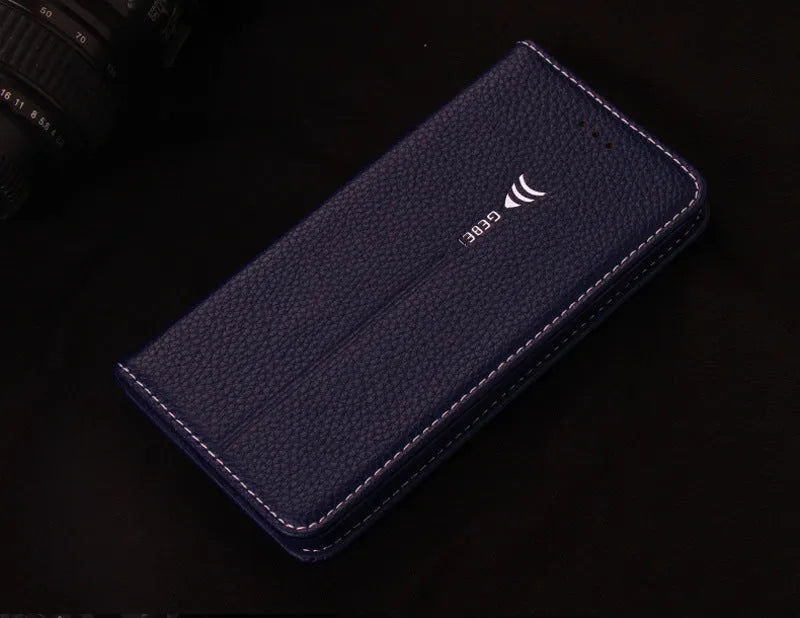 Black PU leather wallet case for iPhone showing card slots