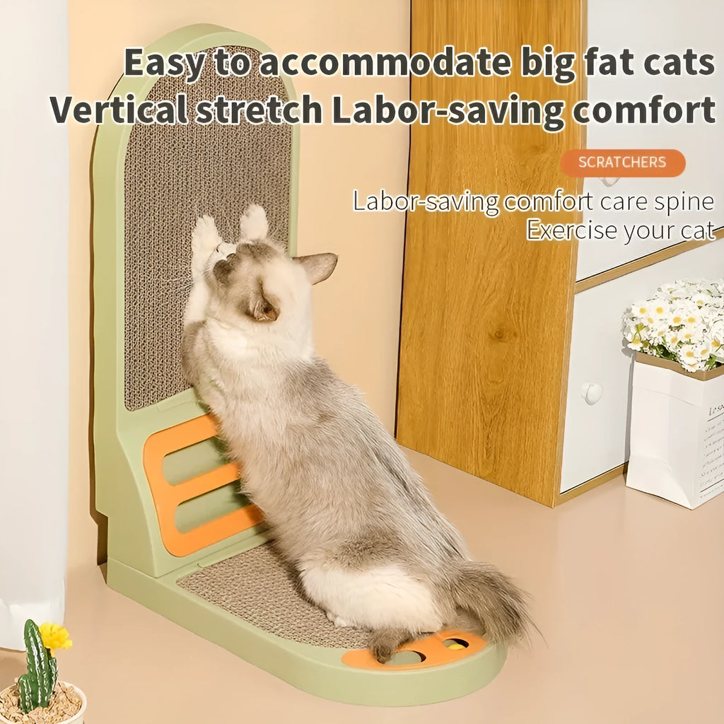 L-Shape vertical cat scratching board with textured jute surface in grey, green, or white colour.