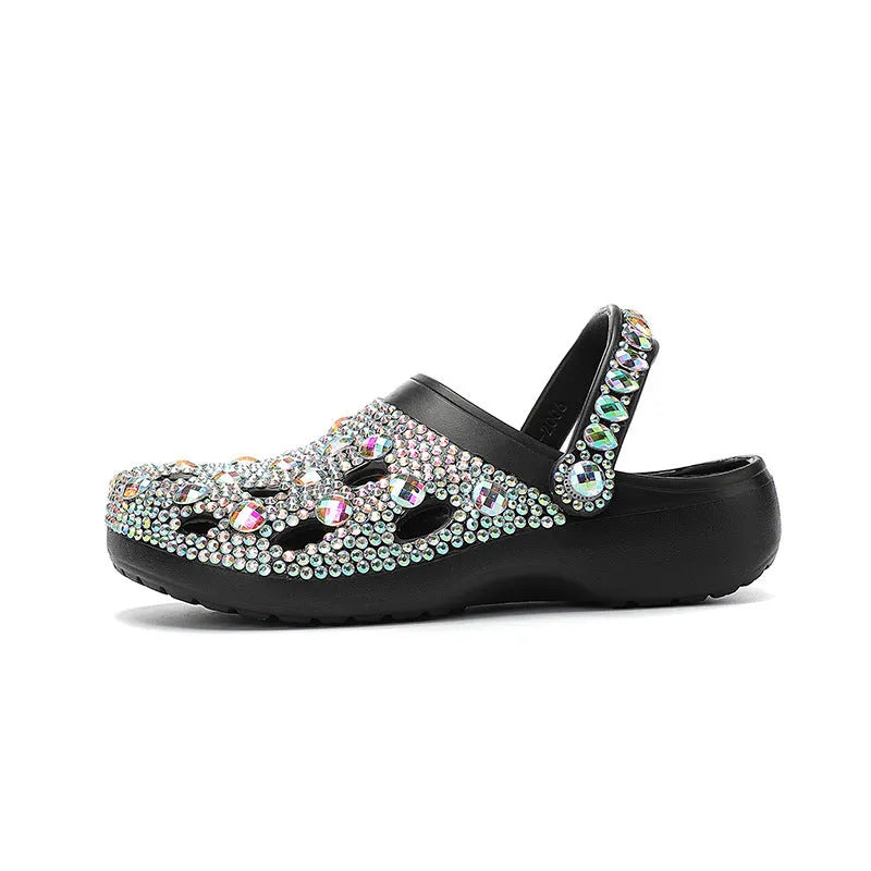 Black women's platform sandals with rhinestone details and a hole-patterned EVA upper.