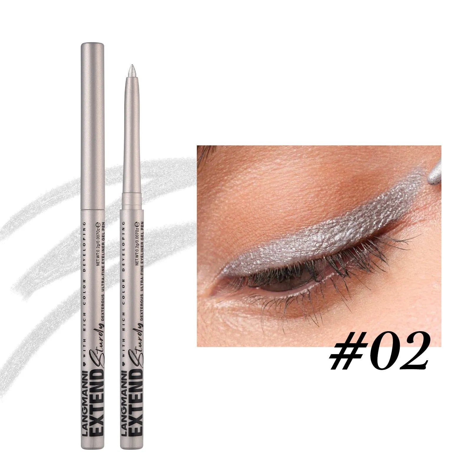 Set of 12 colourful gel glitter eyeliner pencils arranged showing metallic, matte, and glitter finishes.