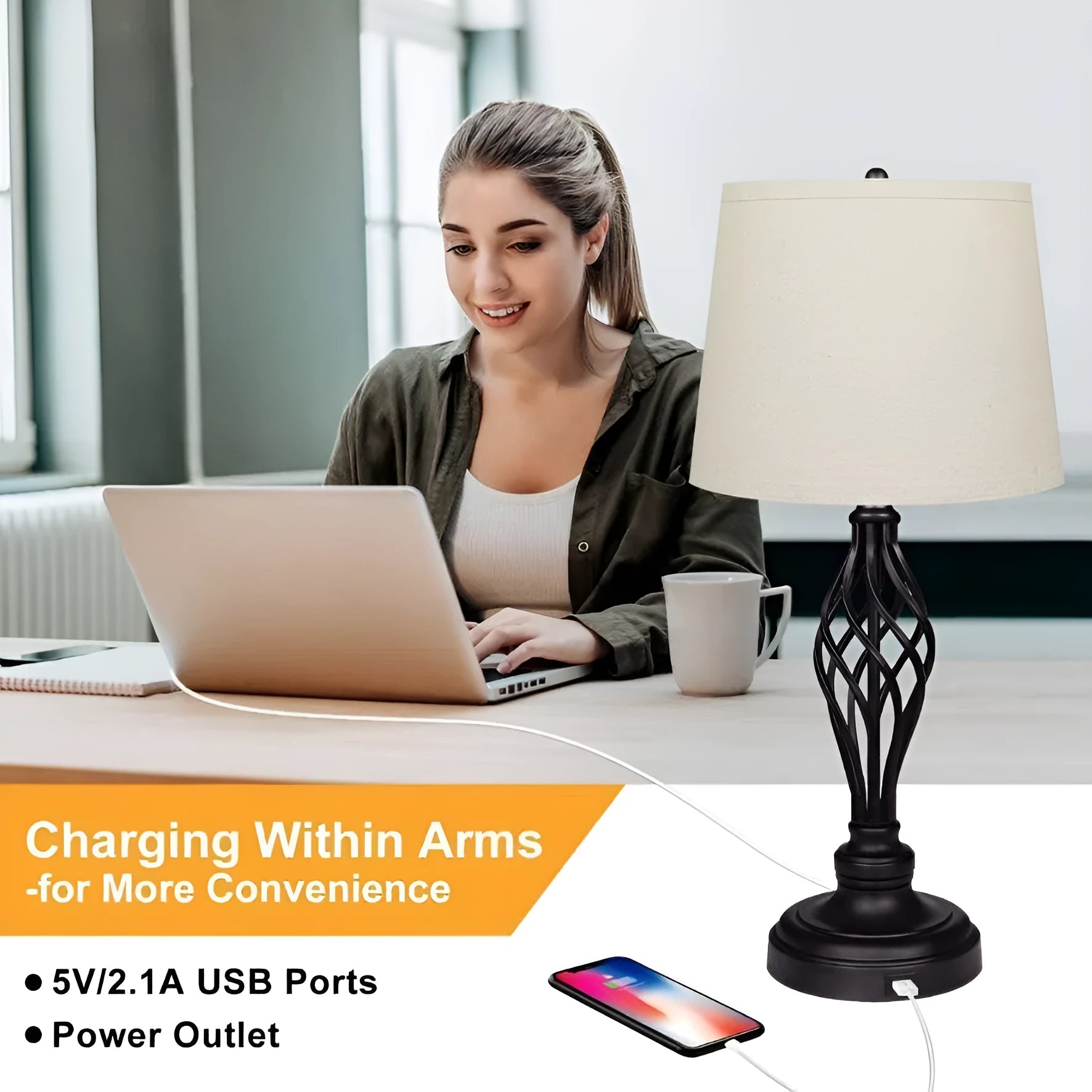 Modern alloy bedside lamp with touch controls and USB charging port