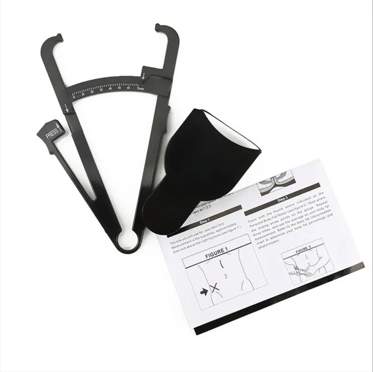 Black digital body fat calliper with sliding pointer and measurement gauge