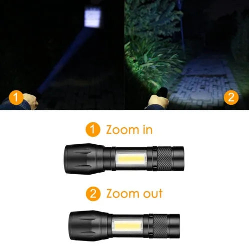 Black aluminium telescopic LED flashlight with pocket clip, shown zoomed in and out.