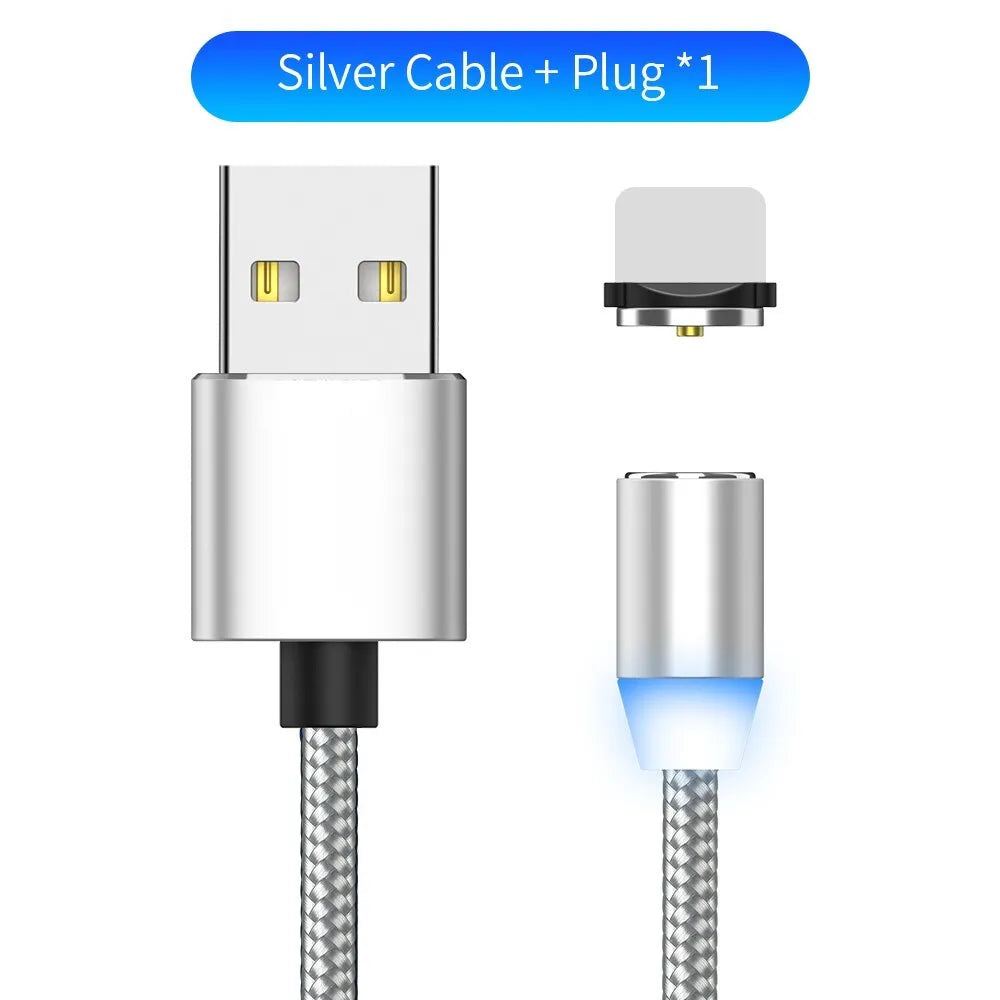 Black magnetic charging cable with LED light and aluminium connectors showing magnetic tip attachment