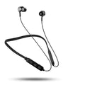 Red neckband sports Bluetooth earphones draped around a neck, showing earpieces and control module.