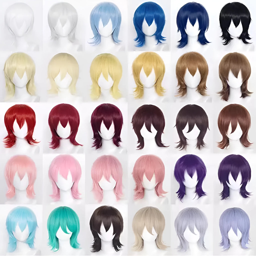 A short-style anime cosplay wig for men in a selected colour, showing its lengthened hair tail.