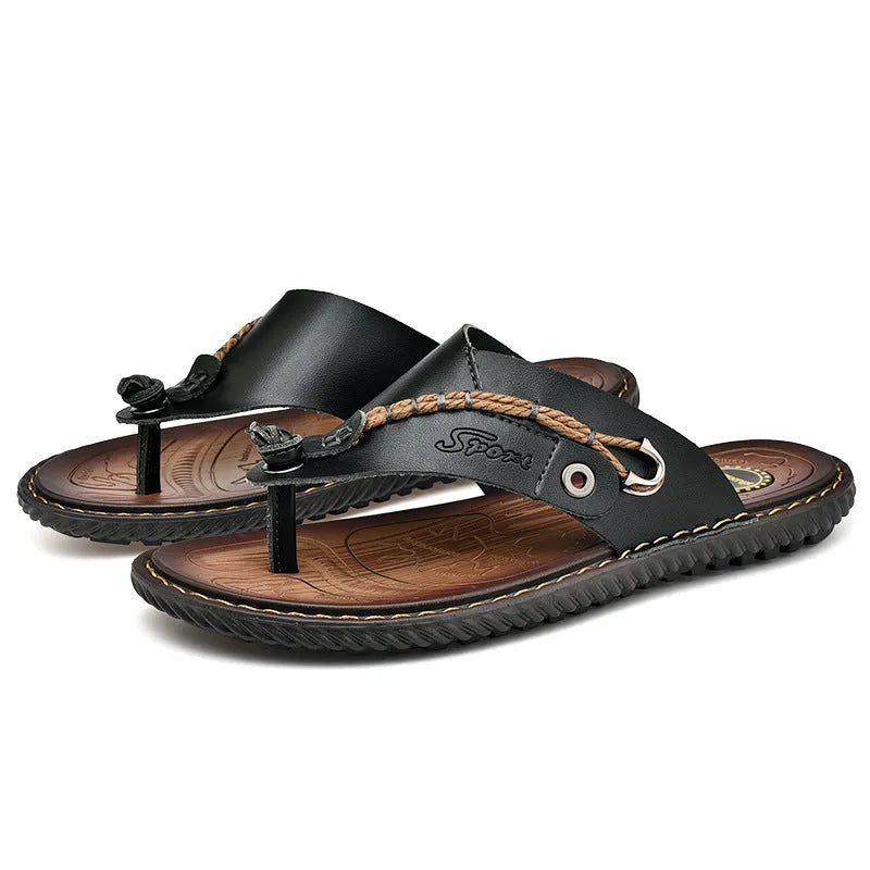 Men's non-slip lightweight slippers in black PU leather with wear-resistant sole available in sizes 38-47