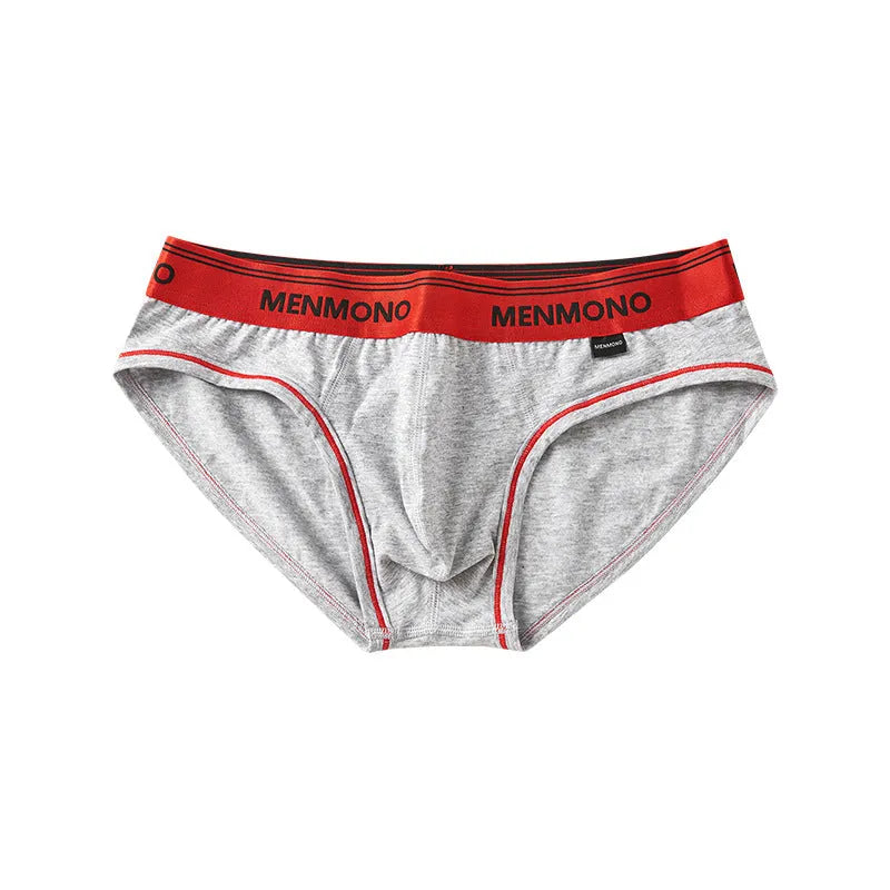 Men's low waist cotton briefs showing solid colour block design in various two-tone combinations.