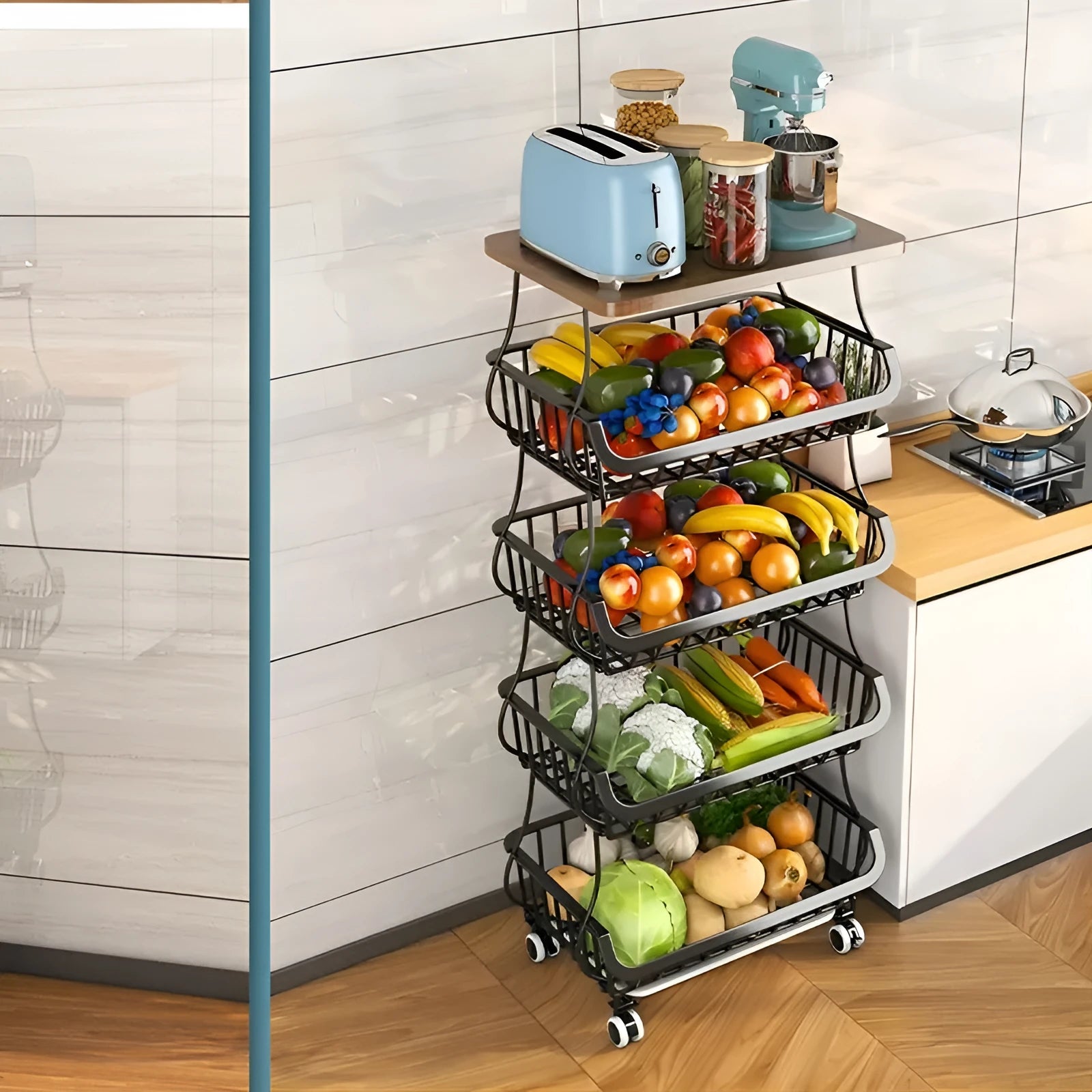 Black six-layer freestanding kitchen storage rack trolley made of carbon steel.