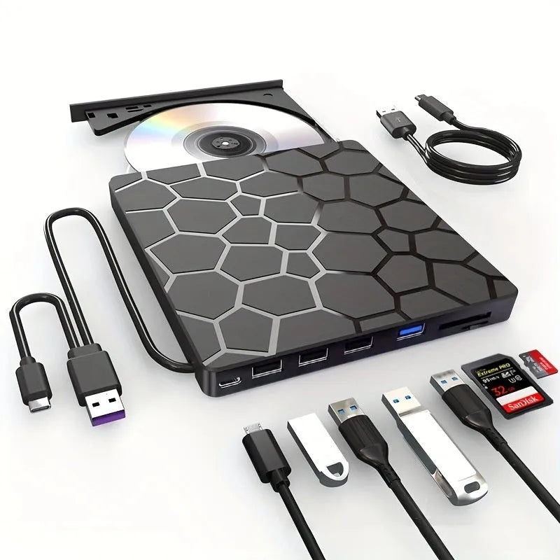 Black external CD DVD drive with USB connection for computer disc burning