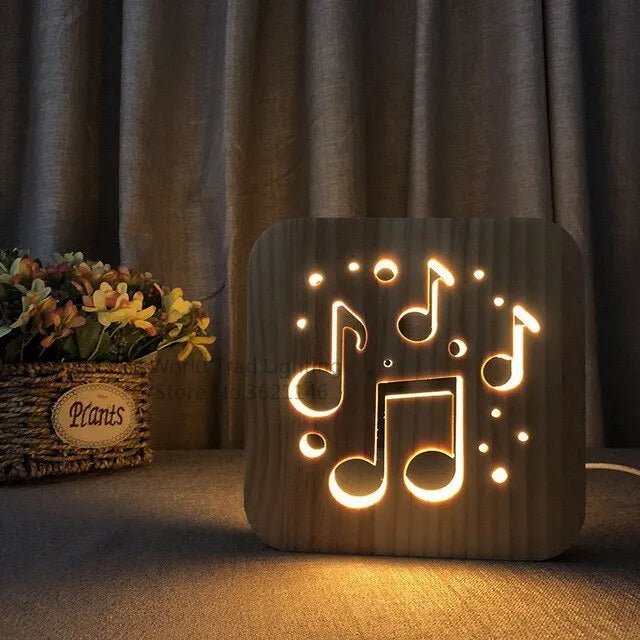 Pine wood USB LED atmosphere light emitting warm white glow with dimensions 19x19x3cm