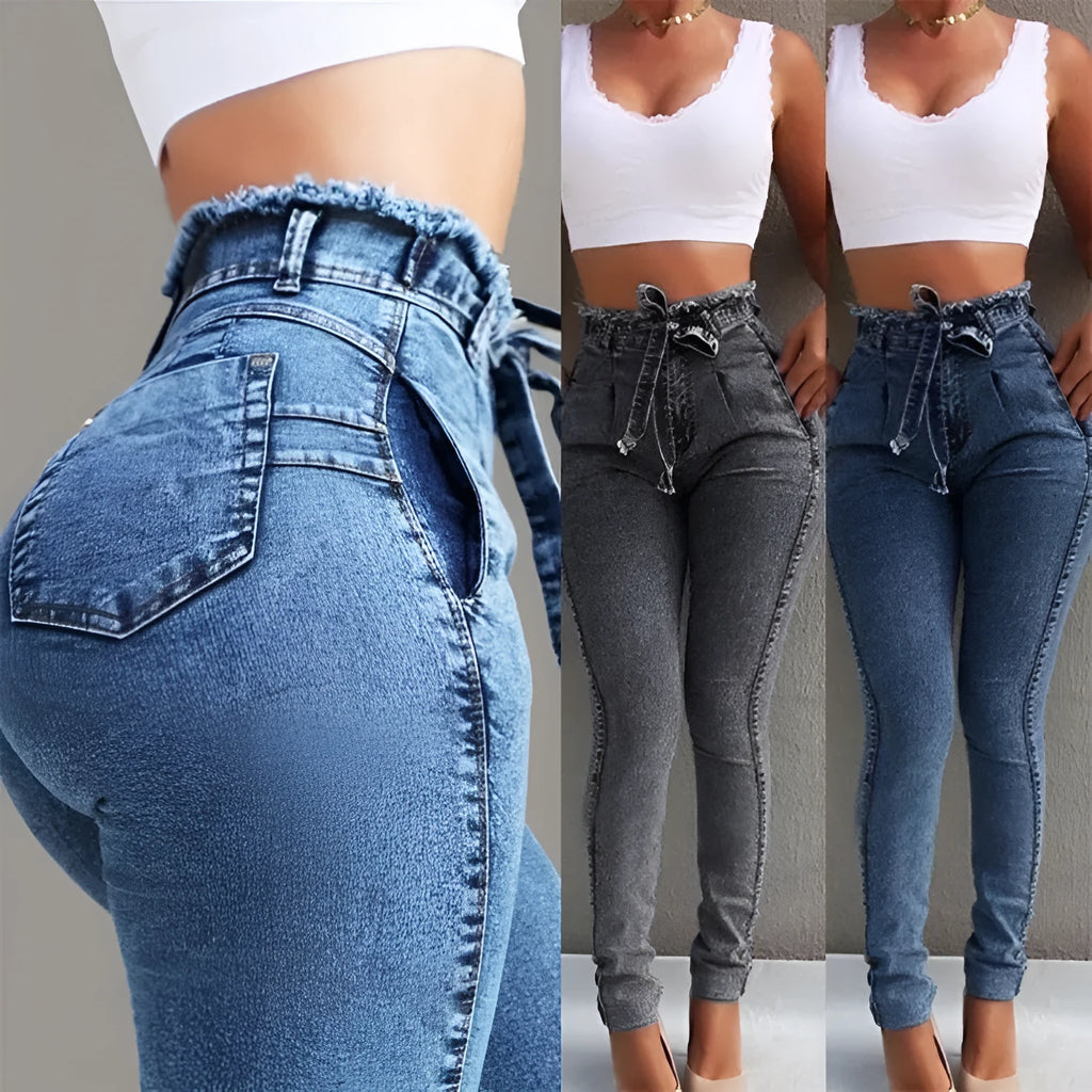 Women's fringed jeans in cowboy fabric, shown in grey, dark blue, and light blue colour options.