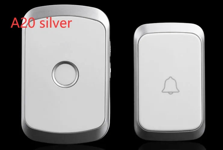 Wireless doorbell push button and plug-in chime unit in black, white, gold, or silver.