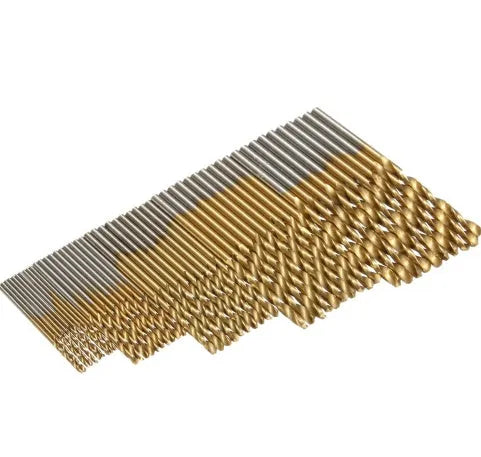 50-piece set of titanium-coated high-speed steel twist drill bits arranged in a case.