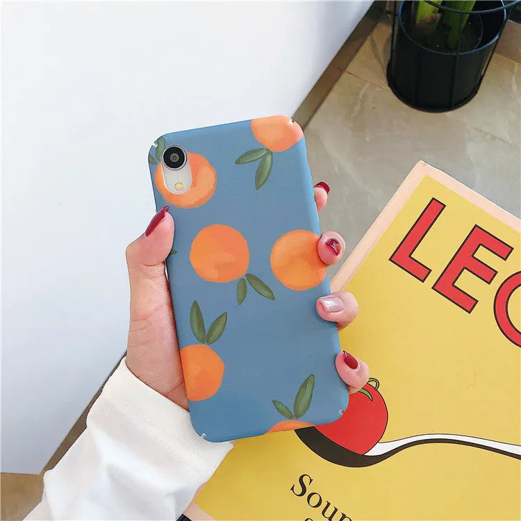 Retro orange design on blue plastic iPhone back cover case for multiple models.