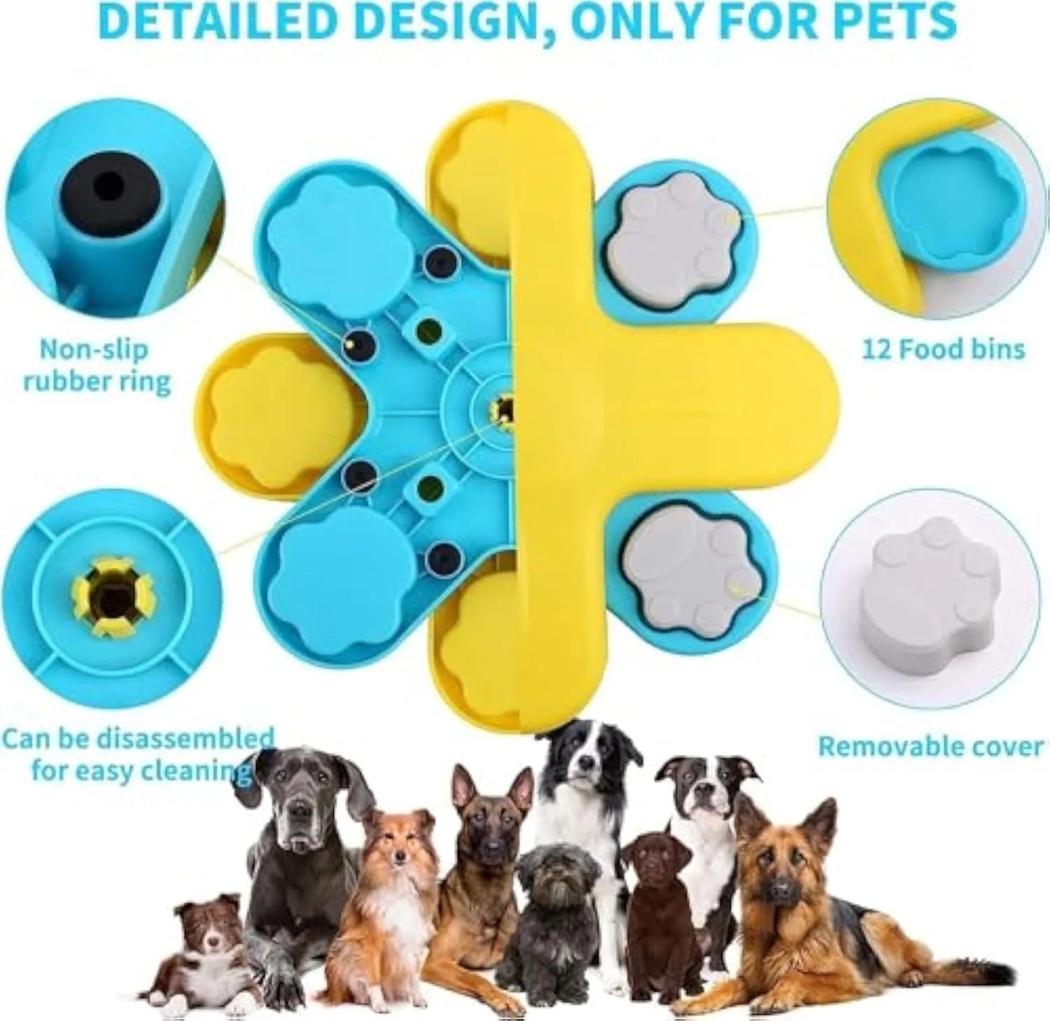 Yellow three-layer rotating dog puzzle feeder with claw-shaped lids and anti-slip rubber pads