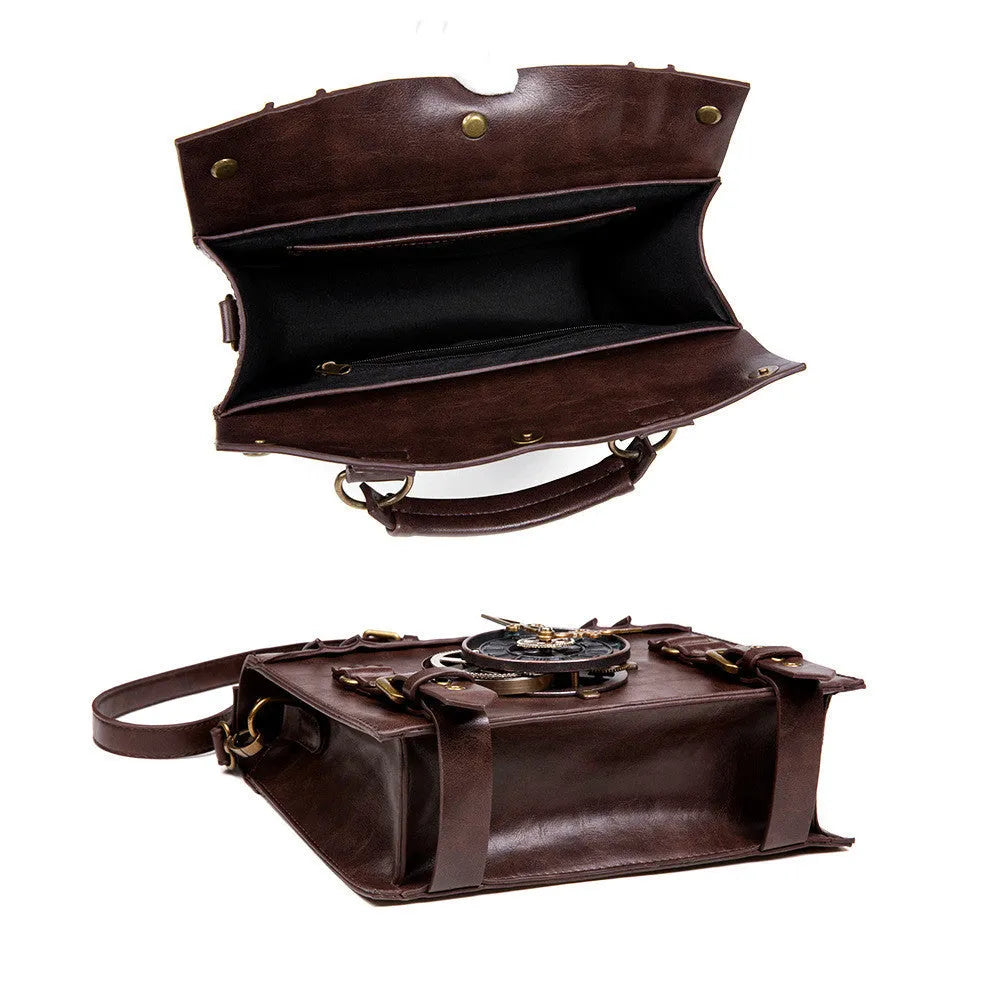 Bronze steampunk industrial retro shoulder bag with pillow shape and metal details