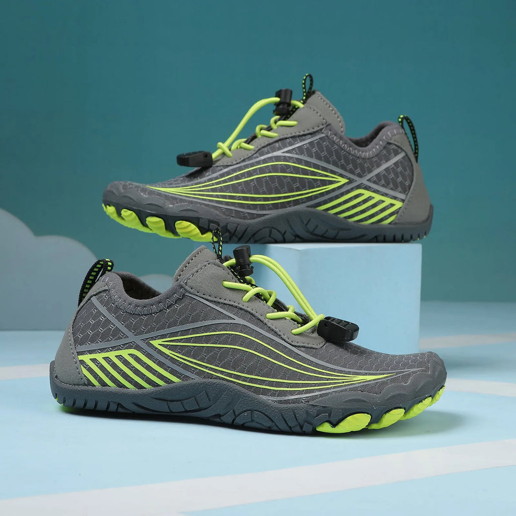 Children's elasticated water shoes in blue with a non-slip rubber sole and breathable mesh upper.