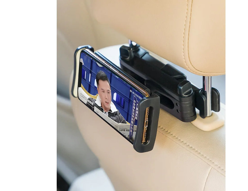 Black car headrest-mounted phone and tablet holder with universal snap-in silicone cradle.