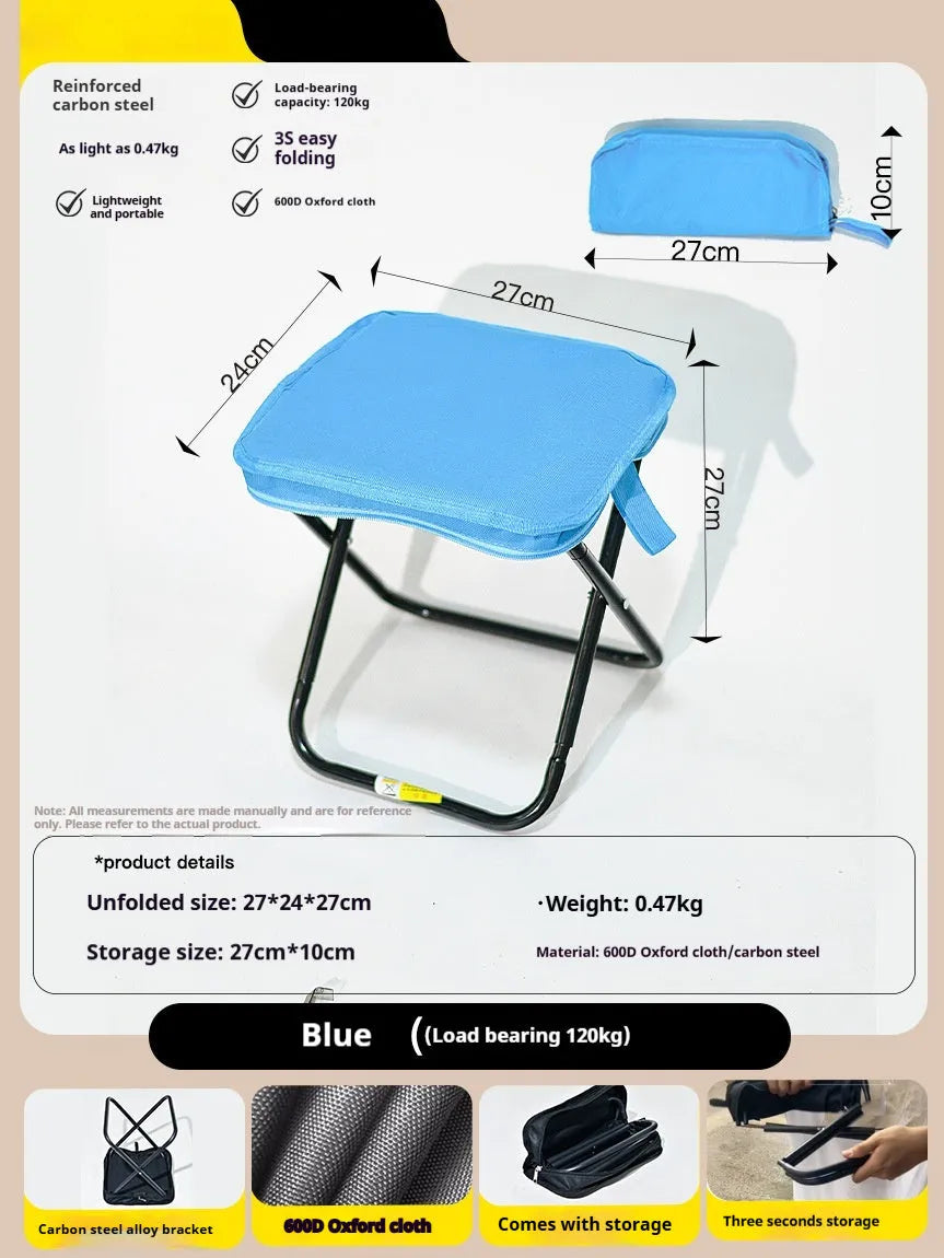 Outdoor foldable pencil box stool with Oxford cloth seat shown in khaki colour, folded and unfolded.