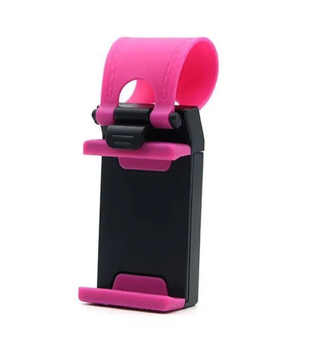 Black steering wheel phone holder clip mounted on car steering wheel holding a smartphone