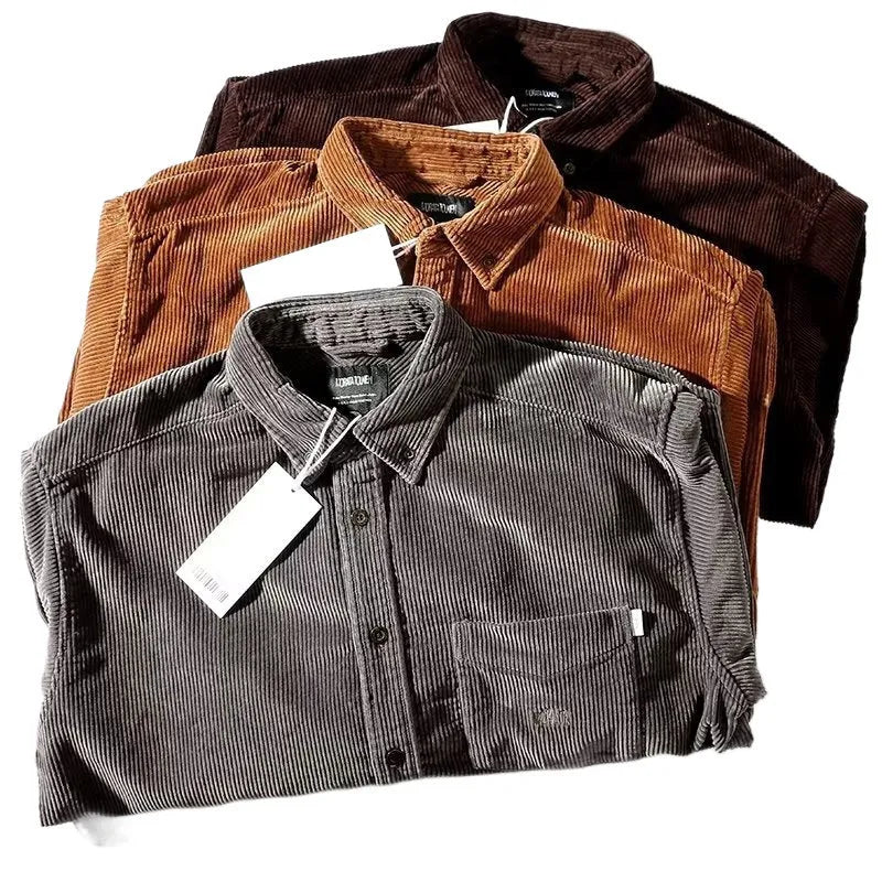 A man wearing a caramel coloured corduroy long sleeve cardigan shirt with a loose fit and button front.