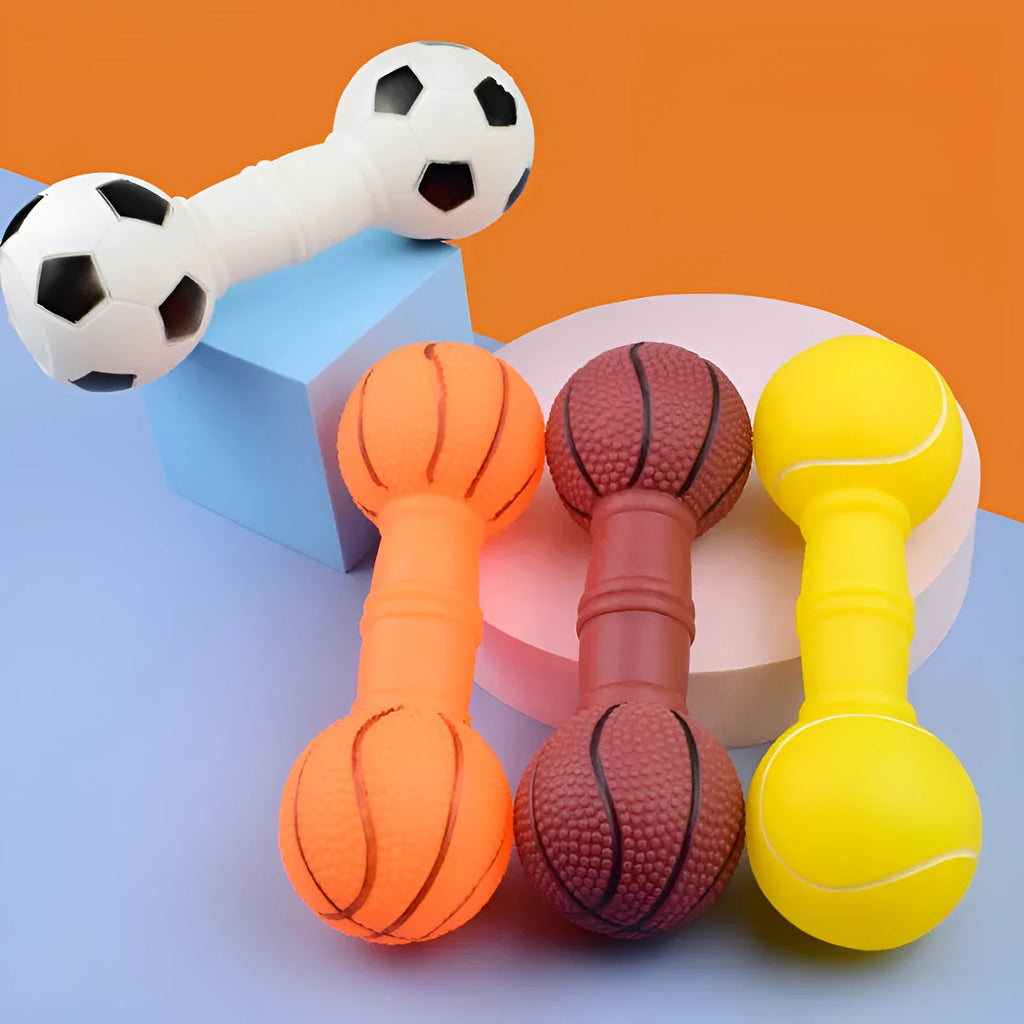 Football dumbbell shaped dog squeaky chew toy in PVC material showing brown, orange, white and yellow colour options