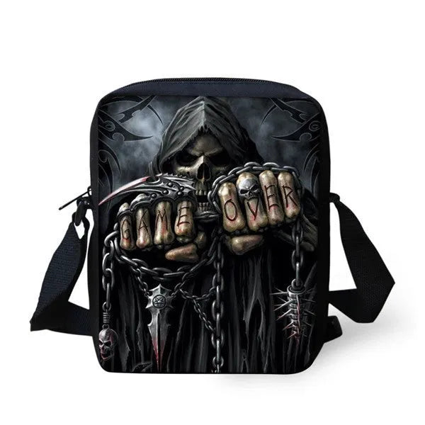 Medium polyester children's messenger bag with skull pattern, double straps, and zipper pocket in casual style