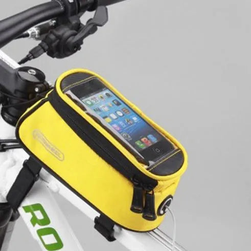 Bicycle frame bag with universal smartphone holder in multiple colours mounted on bicycle handlebars