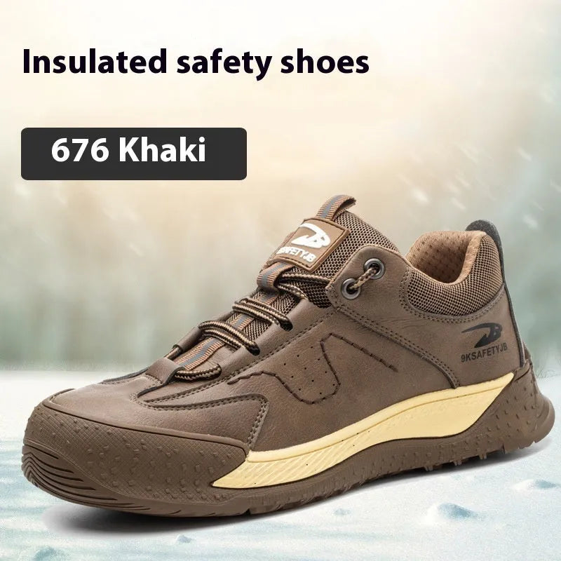 Flyknit leather work shoes with rubber sole in black, shown in a size 42.